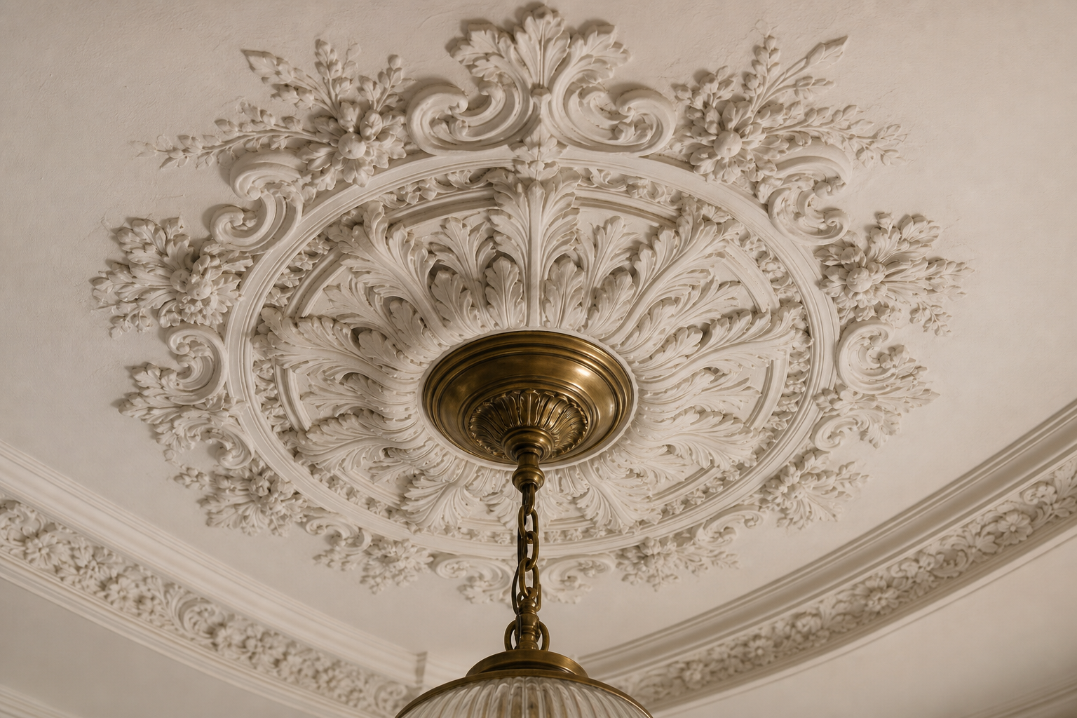 Rosace décorative en plâtre entourant un point lumineux au plafond, exemple de finition Plafonds & Volumes