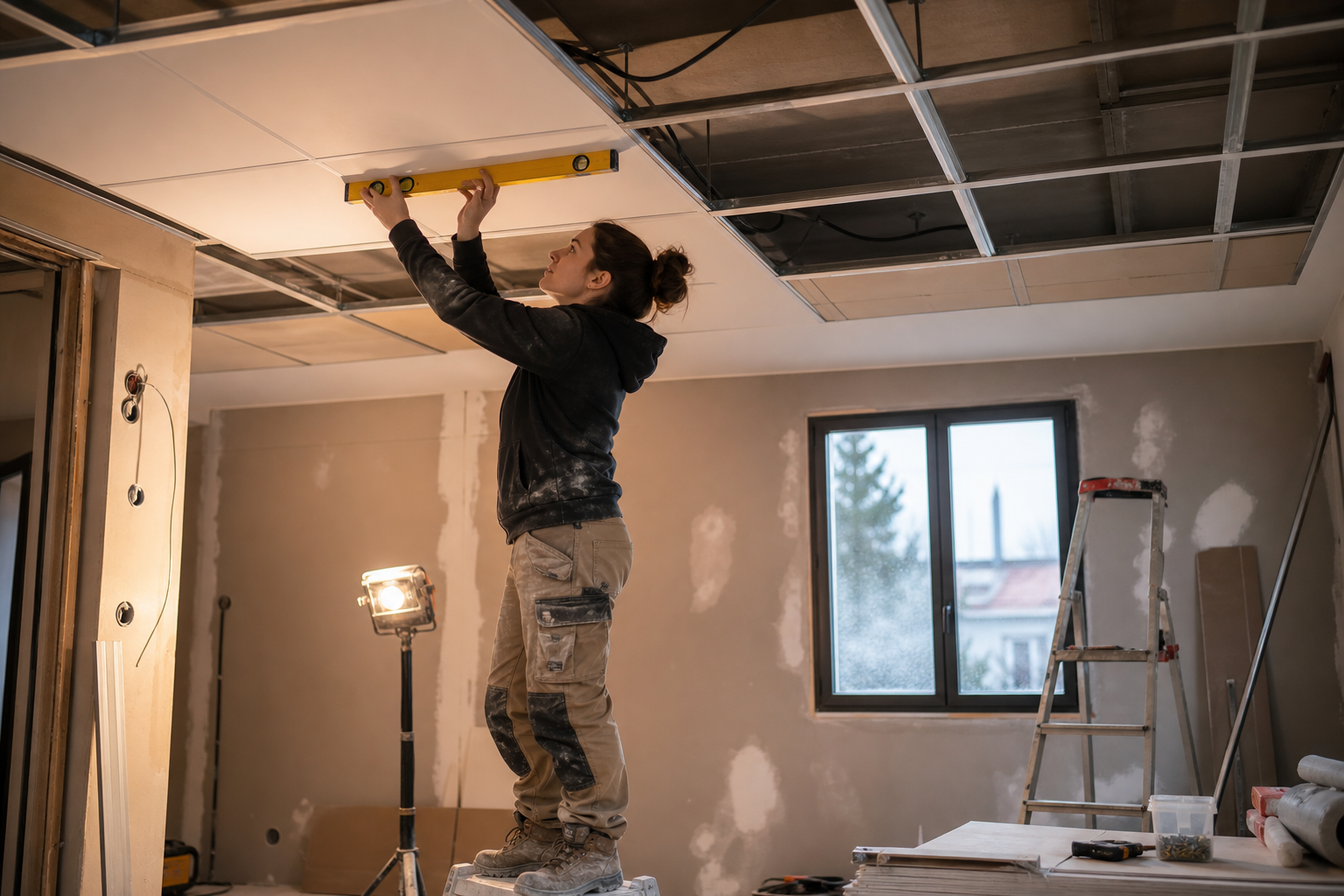 Ossature métallique de faux plafond en cours de pose et vérifiée au niveau à bulle