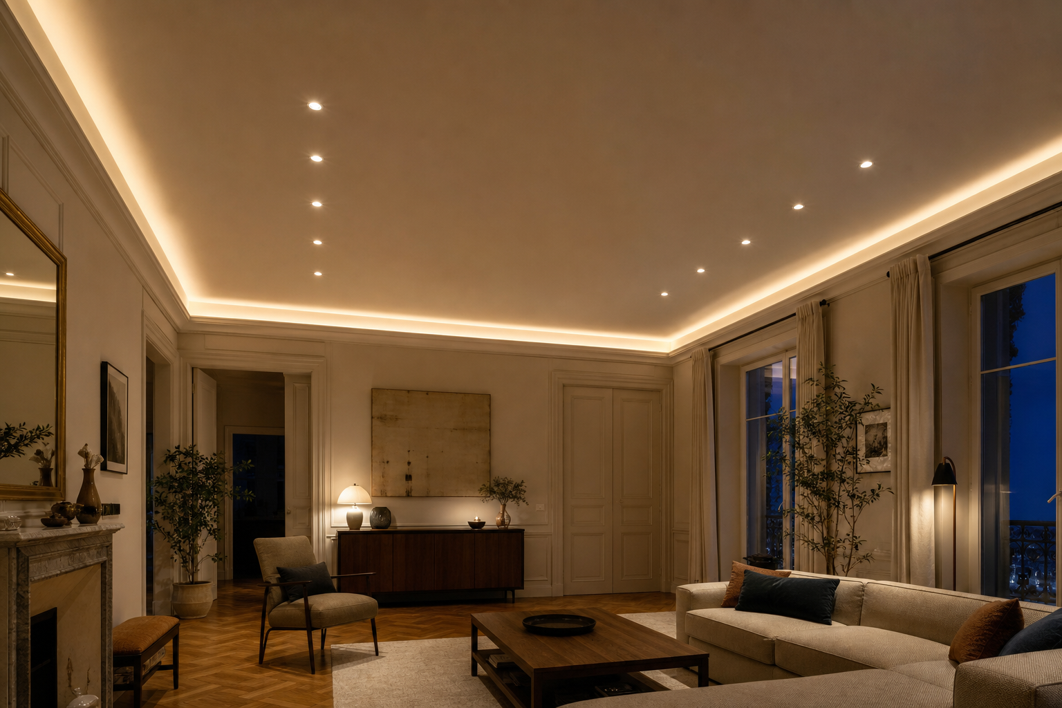 Plafond avec spots encastrés et éclairage indirect dans un intérieur rénové