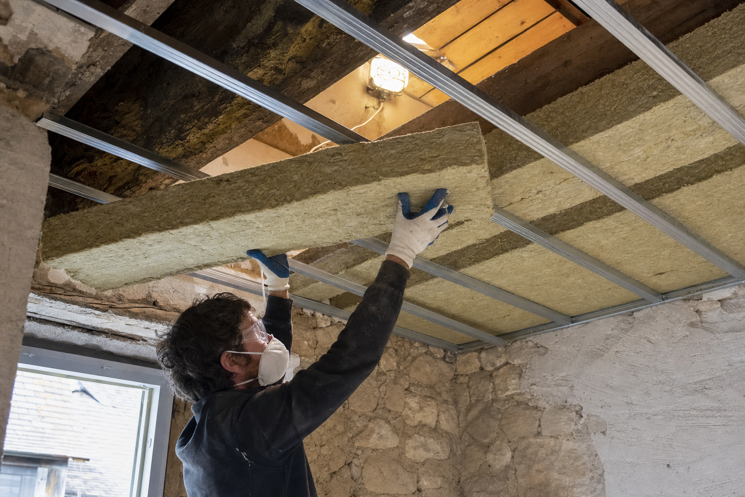Installation d'isolation phonique et thermique au-dessus d'une ossature de faux plafond
