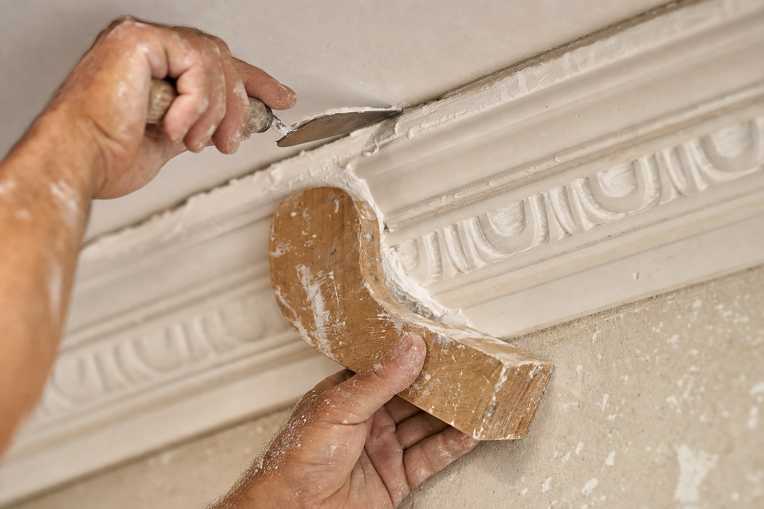 Pose artisanale d'une corniche décorative en plâtre le long d'un plafond