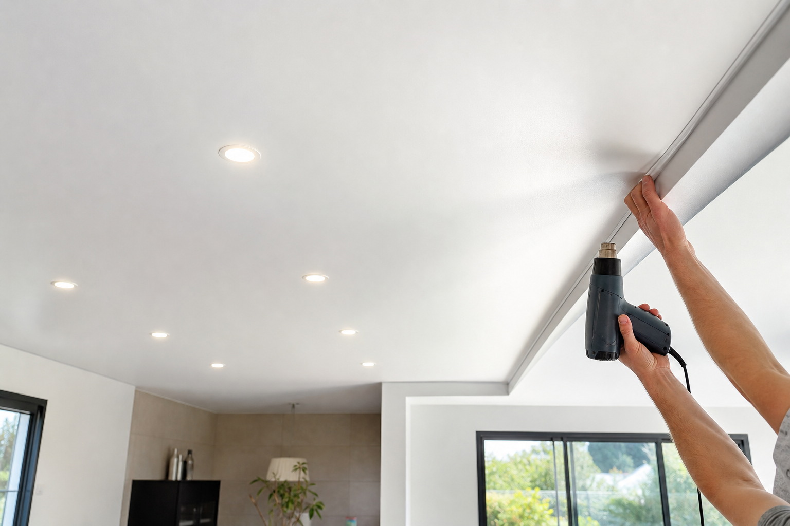 Pose d'un plafond tendu avec éclairage LED intégré dans un salon moderne