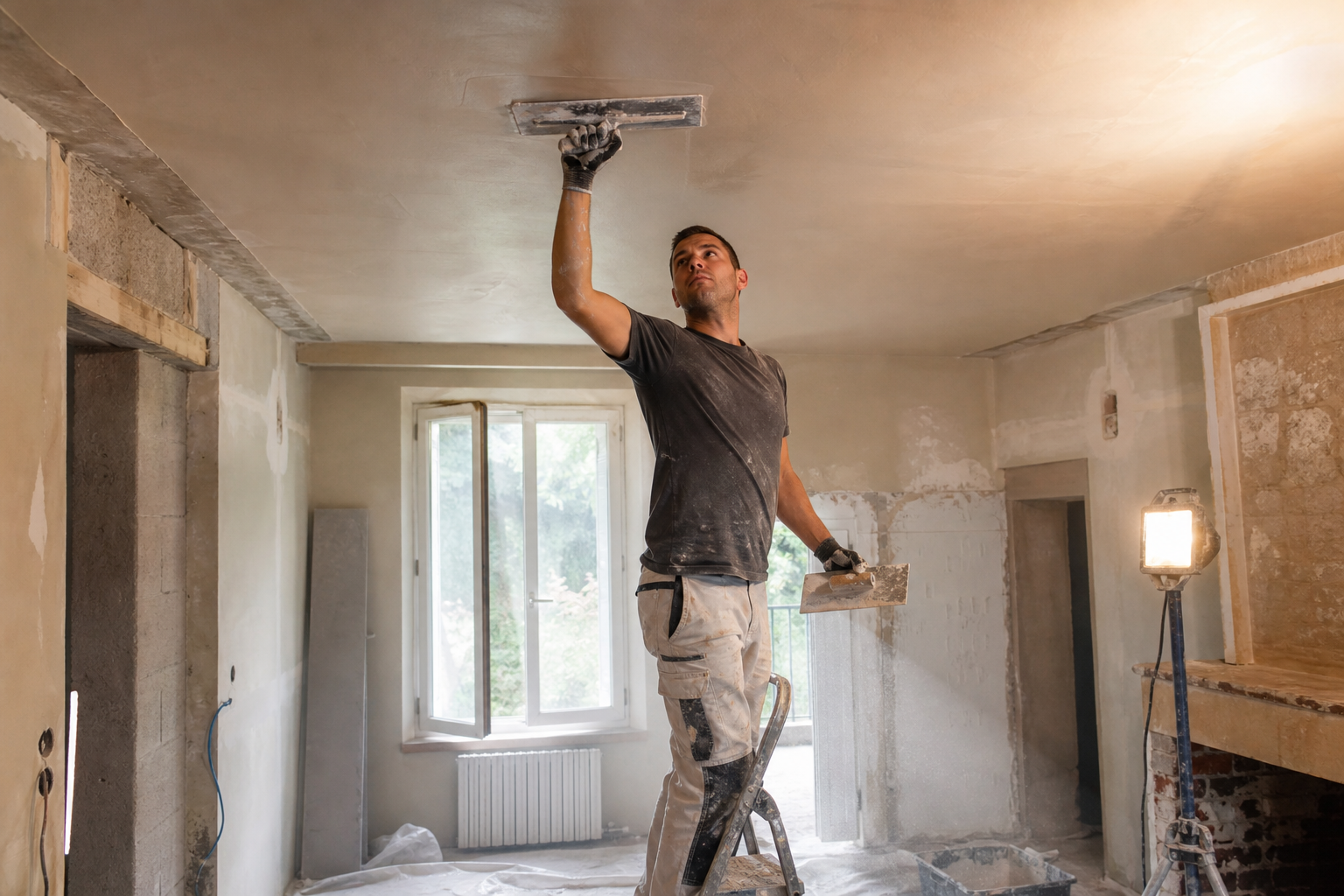 Plâtrier lissant un plafond à la taloche lors d'une rénovation intérieure